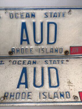 Vanity License Registration Plate Set - AUD - Audi Audrie 1999 Rhode Island